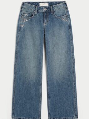 Hollister - Low-Rise Dark Wash Floral Embroidery Baggy Jeans